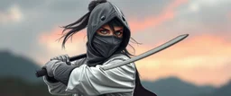 pen outline and airbrush, female ninja doctor in the wild, blurred realistic background