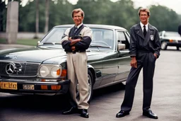 Foto von 1990 typischer Mercedes-Benz-Fahrer steht stolz neben seinem Mercedes