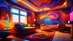 a vibrant depiction of psychedelic effects swirling in the air and adorning the walls of a cozy living room inside a spacious house, abstract art, vivid colors, surreal atmosphere, hallucinatory, immersive, trippy, mind-bending, ethereal, modern interior design, vibrant lighting, otherworldly ambience, 3D render, high resolution.