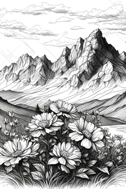 Flowers surrounded by mountains in the Alps, sketch drawing