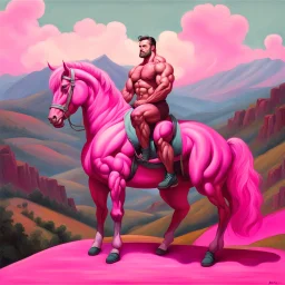 a big muscle man sitting on a pink horse in hills like a 19th painting