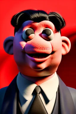 Waist up muppet Portrait, Kim Jong-un muppet doll, black suit, photo studio, red background, unreal engine 5, concept art, art station, god lights, ray tracing, RTX, lumen lighting, ultra detail, volumetric lighting, 3d.