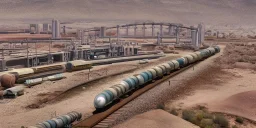 Futuristic Oil Industy with Trains in Desert