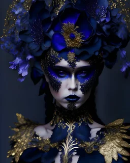 A beautiful frosty voidcore shamqnism decadent vantablack iris and gqrden pansy floral headdress adorned beautiful young woman wearing etherialism goled filigree black iris and gqrden pqnsy peatals and rdaisy and iris leaves embossed ornated costume ahd metallic filigree botanical Golden glittering hvenetian. organic bio spinal ribbed detail of metallic filigree vantablack background extremely detailed hyperrealistic maximálist concept art