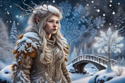 Double exposure: a kind snow troll, hair made of dry branches covered in snow, tits perched on the hair-branches, a sheepskin coat woven from dry leaves and twigs covered in snow, and a winter landscape depicting a fairytale rounded bridge, a tree made of snowflakes painted with frost, filigree kaleidoscopic patterns of frost. Highly detailed textures: a fairytale illustration, splashes of white and gold paint, rich texture, distant and deep space, dreamy watercolor and liquid filigree acrylic.