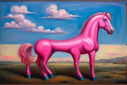 strange Big pink plastic horse.19th painting