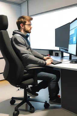 a guy watching a youtube sitting in a office chair