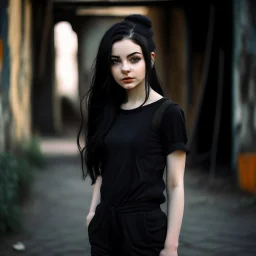 pretty girl, aged 15, black hair, black jumpsuit, dystopia