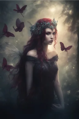 Red hair , dark red, dark Fairy wings Purple hair,water lilies,dark fairy ,ldark red hair princess,nymph,elven crown,dragonflies,tiara,,gothic,glitter