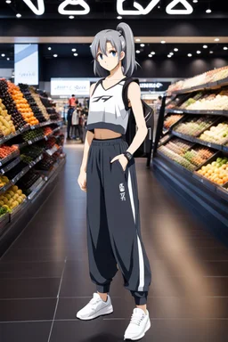 a full body anime in sports wear standing in shopping center