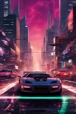 "Transport yourself to a futuristic cityscape where the roar of cyber engines mingles with the crackling of lightning. In the heart of this electrified urban jungle, describe a scene where 'Fast and Furious' cyber cars tear through the streets, leaving trails of sparks and lightning in their wake. Conjure the realistic imagery of carbon-fiber bodies shimmering under the city's neon glow, as tires grip the road and unleash showers of sparks with each hairpin turn. Against a backdrop of towering s