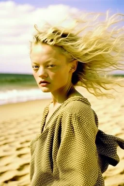 Gemma ward, little girl, on the beach, in the wind