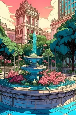 big city , plants , fountain , colours , beautiful, drawing