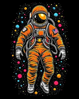 very details astronaut ,lost in galaxy background, Tshirt design, streetwear design, pro vector, japanese style, full design, 6 colors only, solid colors, no shadows, full design, warm colors, sticker, bright colors
