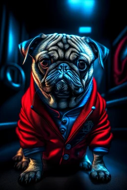 pug in a mega cool iron super blue + Red suit with on his arms and shoulders, hdr, (intricate details, hyperdetailed:1.16), piercing look, cinematic, intense, cinematic composition, cinematic lighting, color grading, focused, (dark background:1.1)