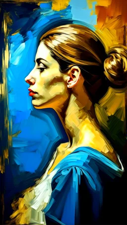 Side profile of a beautiful young woman front view with her aspirations behind her. Opulent Van Gohn style painting