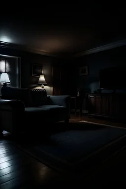 a dark scary quiet living room with no windows and a flickering light