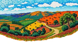 A mosaic art piece depicting a scenic landscape with vibrant colors and intricate details, inspired by the Heidelberg School of Australian Impressionism, created by artists such as Tom Roberts and Arthur Streeton. (Long shot), realistic style, high resolution image, trending on Pinterest and Instagram.