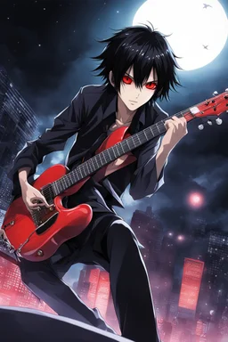 A 30 years old male guitarist playing guitar at a midnight concert, red creepy alien bug eyes, black hair, athletic build, correct hands, in the style of manga "Rosario+Vampire"