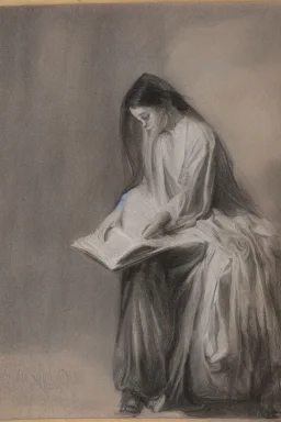 Pencil sketch of Young woman, Arab features,sad, long wavy hair, reading a book, full body، on lined paper