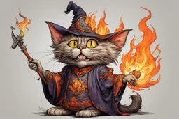 create a full body caricature of an aged, malevolent, ornately dressed , 14th century sorceress cat wreathed in fire ,highly detailed with refined feline features in the cartoon caricature style of Gerald Scarfe and Ralph Steadman precisely drawn, boldly inked, vividly colored, 4k