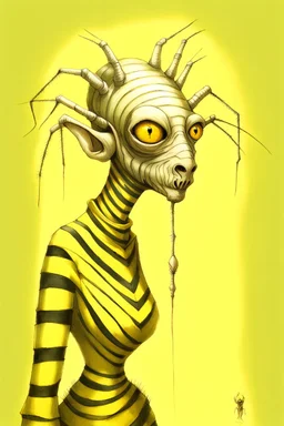 Artist Jean-Baptiste Monge style. A humanoid biomorph Zebra-Spider faced woman. Yellow eyes. A yellow striped ress, covered with spider legs.