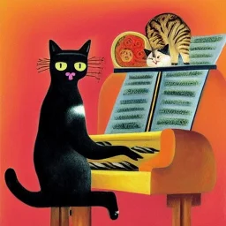 cat playing piano in style of frida kahlo painting