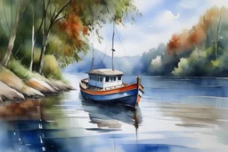 painting watercolor boat on the river ženska na čolnu