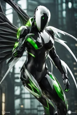 Cyborg symbiote, white color, green color, tendrils, high tech, cyberpunk, biopunk, membrane wings, carbon fiber