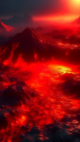 Lava lake in hell with land surrounding it, realistic close up