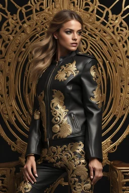 Photography Full body modeling girl on fashion show using A high detailed 3d render of a black and gold ornaments long black leather jacket.