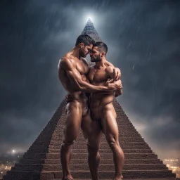 Hyper realistic shirtless muscular men hugging on the top of pyramid at rainy night