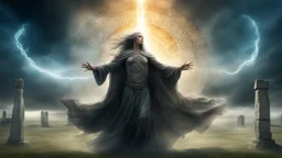 mystical sorcerer, center of stonehenge, commanding the elements, swirling sky, vibrant energy vortex, flowing robes, master of the circle, HDR, high resolution, trending on ArtStation:: ancient runes glowing, ethereal light, dramatic shadows, wide angle lens, fantasy concept art, by Luis Royo and Brom:: powerful stance, intricate spell patterns, deep focus, cinematic lighting, 8k:: modern objects, cars, buildings::-0.5 --ar 16:9