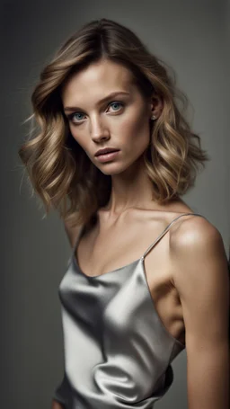 photography of a beautiful anorexic woman, silver satin top, sports illustrated, short wavy bob haircut, pronounced sternum