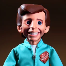 wide view Fonzie toy Action figure doll 1975 realistic (thumbs-up) (face) rayban grin, fonzarelli, jukebox background, collar