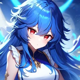 girl, masterpiece, best quality, volumetric lighting, dynamic pose, detailed outfit, perfect eyes, blue hair, red eyes, messy hair, long hair, captain outfit.