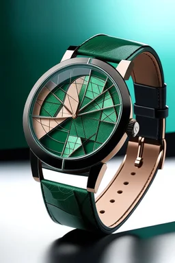 "Imagine an avant-garde display featuring an aventurine dial watch with a unique geometric watch face, set against a futuristic backdrop, portraying a blend of traditional craftsmanship and modern design."