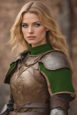 A beautiful woman with blond hair and green eyes. Knight, leather armor.