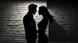An attractive athletic man silhouette standing very close to a woman silhouette against a modern wall. He leans toward her confidently, one arm resting against the wall beside her. Woman looks up at him, her face mostly hidden. romantic tension,. His face is partly in shadow,, fit build, black fitted shirt. Dark indistinct background, black, charcoal, and deep tones, cinematic