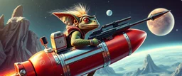 hairy macho cowboy gremlin lizard aliens with a chrome rocket backpack, living in a hi tech marvellous hot dog rocket with a mounted sling shot, heading for venus