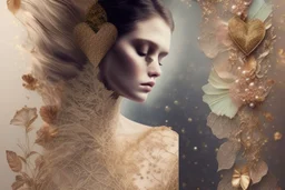 double exposure, merged layers, Beautiful composition of different fabrics, embroidered tulle with jewels, lace and raw pearls, silk, velvet, burlap, double exposure, heart, waterfall, golden glitters in sunshine