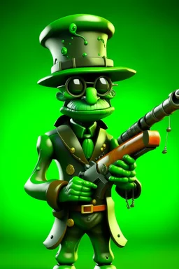 A plasmoid made of green slime wearing Groucho Marx glasses, leather armor and a fedora. He is wielding a crossbow.