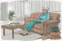 digital drawing of a Grandma sitting in a sofa talking to someone