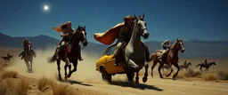 bobby stealing cars on a different star, chased by women on horses