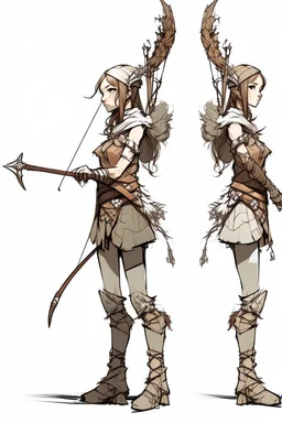 Girl Archer concept art, small head, full body, sketch, coll style, bow