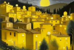 A small yellow village with lightbulbs painted by Michelangelo di Lodovico Buonarroti Simoni