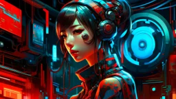 A digital painting by Kuniyoshi and Kandinsky of tech hot cyborg girl inside a futuristic matrix.