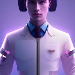 man, cute face, white highlight hair, brown eye, white, skin, purple suits, futuristic, science, purple, blue, dark pink background lighting, technology, profile, asian boy, square face, light orange