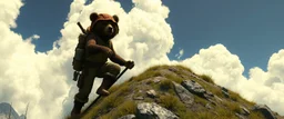 the coolest sassy bugbear explorer climbing a hill with crazy swag in the style of fallout 4
