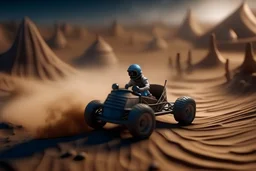 silicone diorama of a weird surrealist sympathetic character in the desert wasteland driving on a go cart track , hyper photorealistic, hyper detailed dark art color, high resolution, fog, octane render, tilt shift